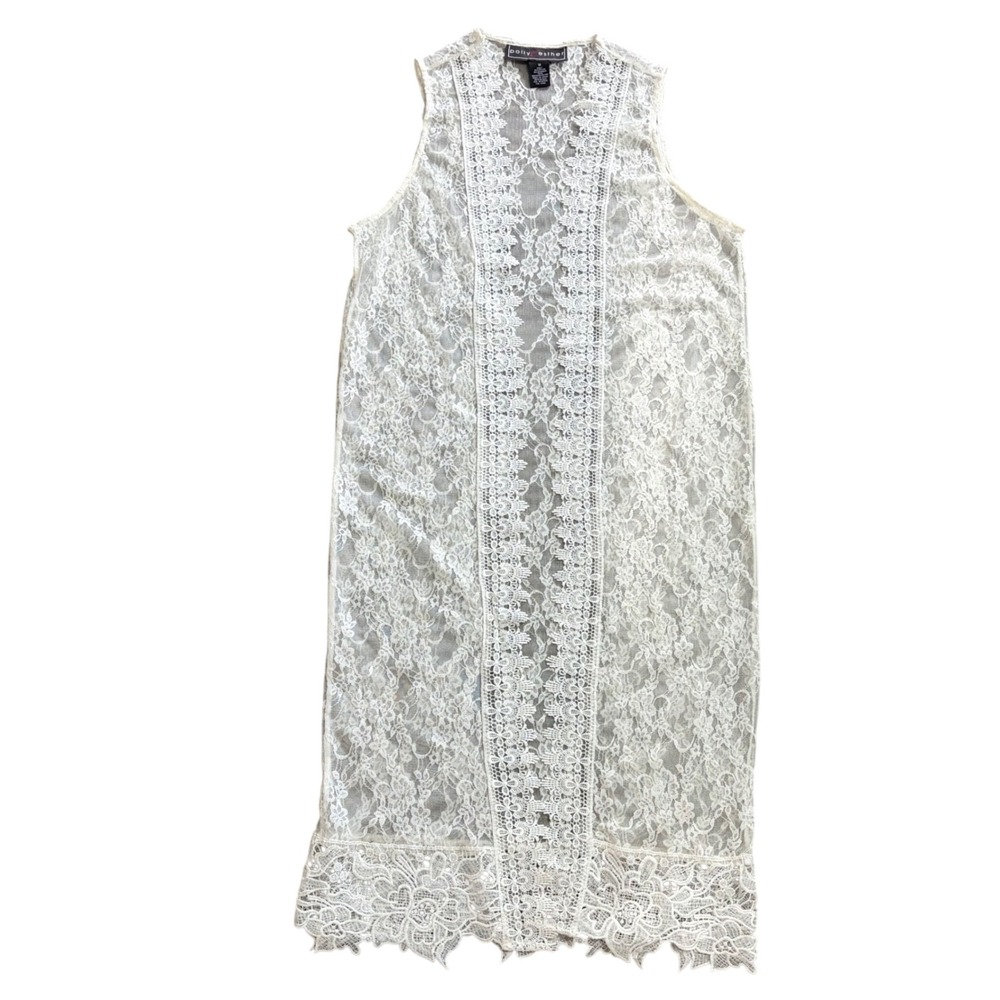 Polly & Esther Ivory Floral Lace Longline Vest Sleeveless Open Front Medium